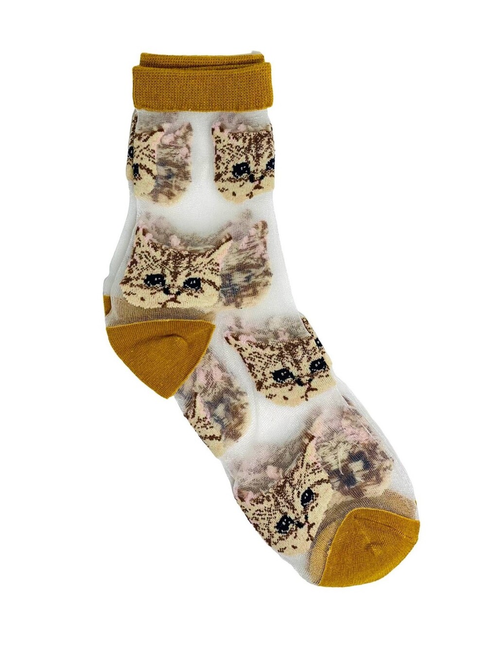 3D SHEER GOLD EMBROIDERED CAT FACE SOCKS. O/S